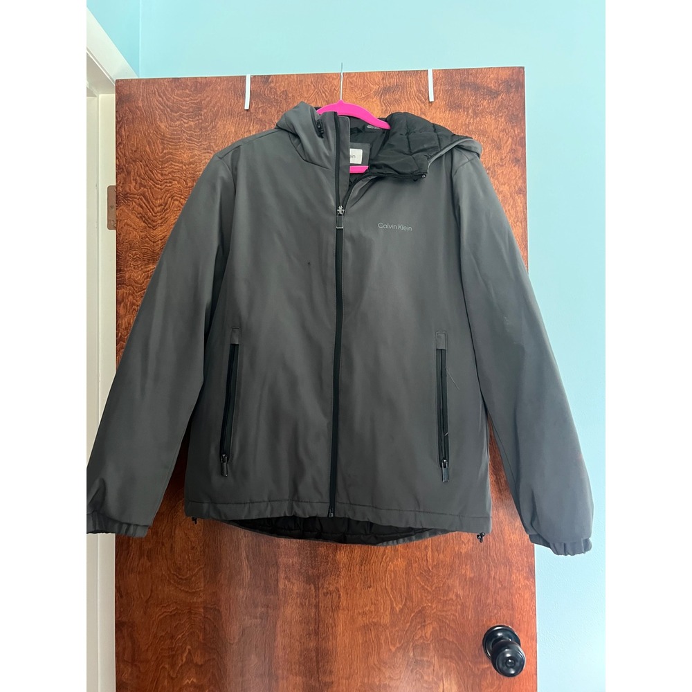 Calvin Klein Softshell Jacket Men Size M Grey Good Hooded Full Zip Coat